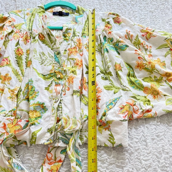 RACHEL Rachel Roy Tropical Floral Linen Blend Tie Front Blouse Puff Sleeve L - Picture 14 of 15